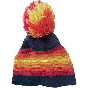 Smiley Blue Pom-pom Striped Beanie Wool Men's One Size